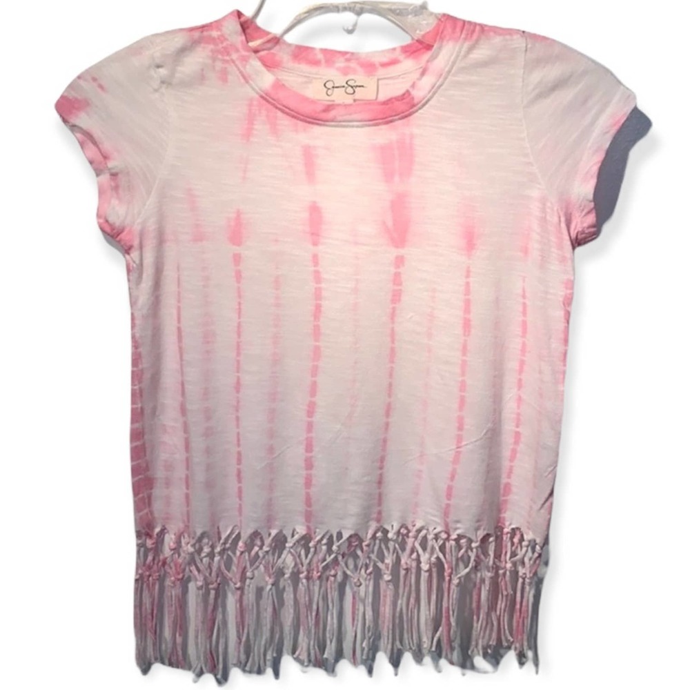 Jessica Simpson cotton cropped white and pink tie dye t shirt with macrame hem